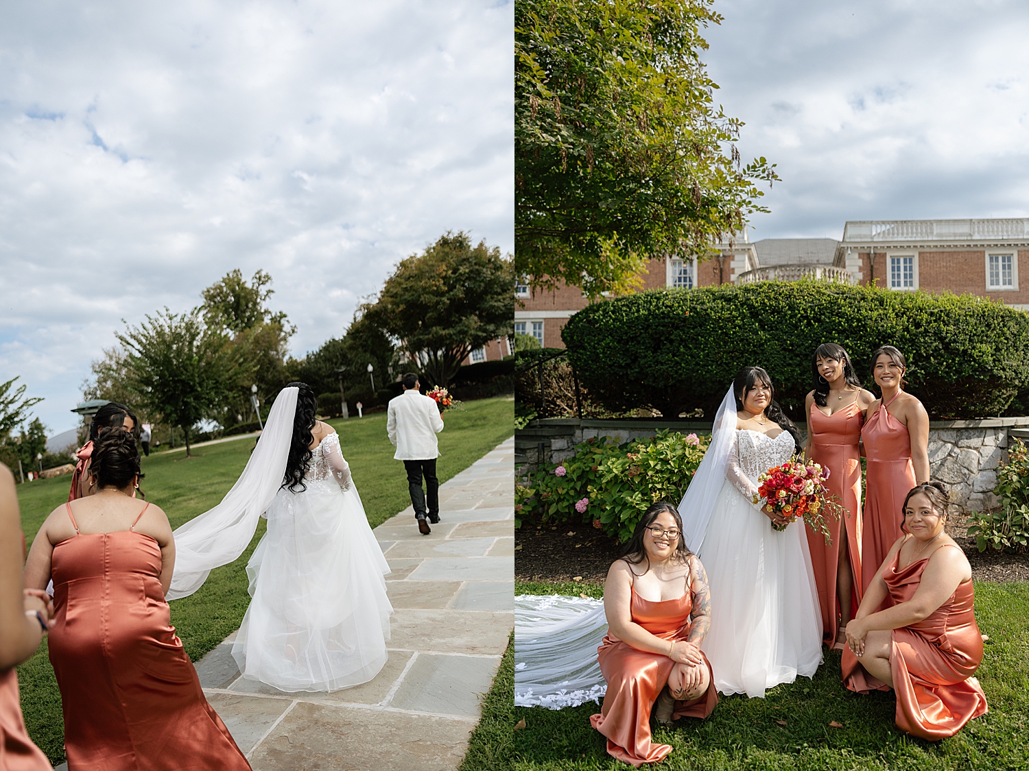 bridesmaids in coral surround bride in garden by Sharp Impressions Photography