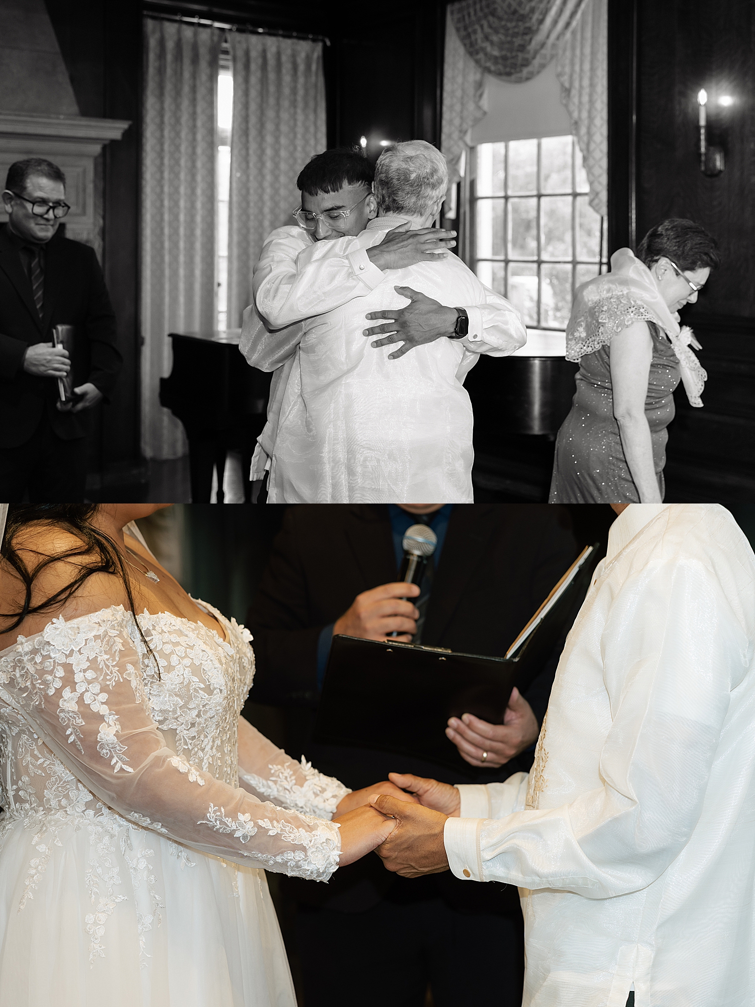 man hugs bride's father during ceremony at The Mansion at Strathmore