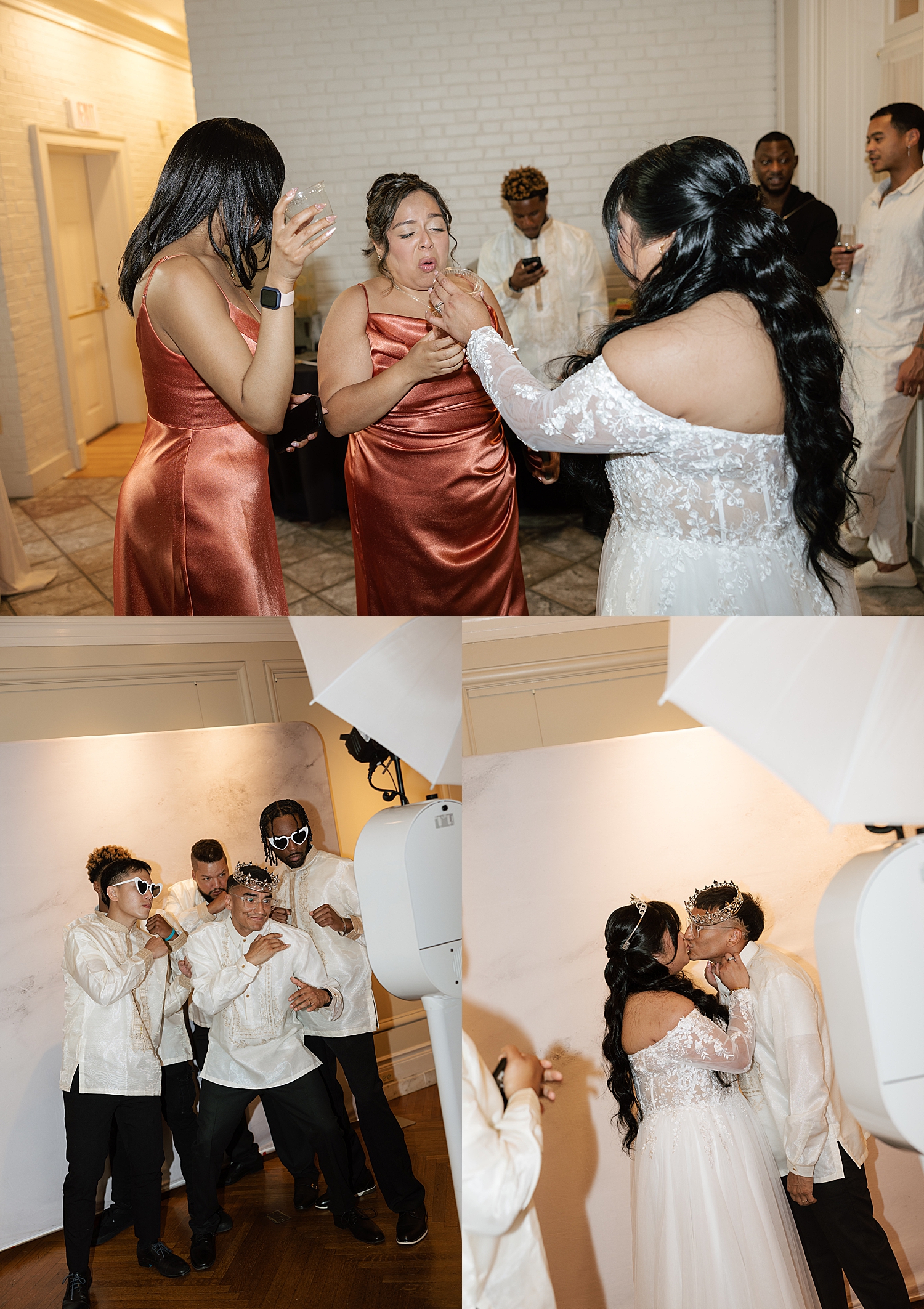 newlyweds share a kiss in photo booth by Sharp Impressions Photography