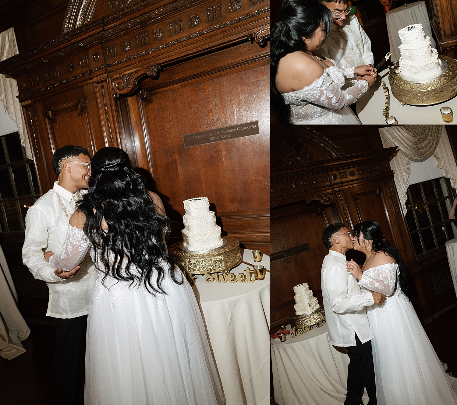 newlyweds cut their cake and kiss by Maryland wedding photographer