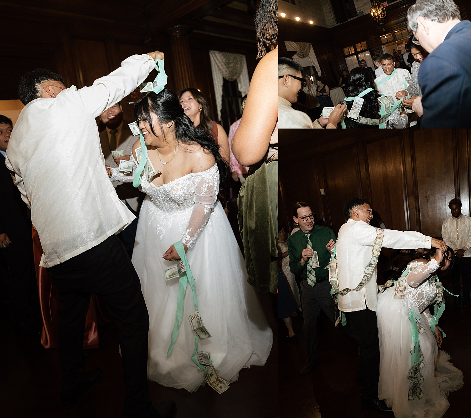 newlyweds do a money dance with their guests at reception by Maryland wedding photographer