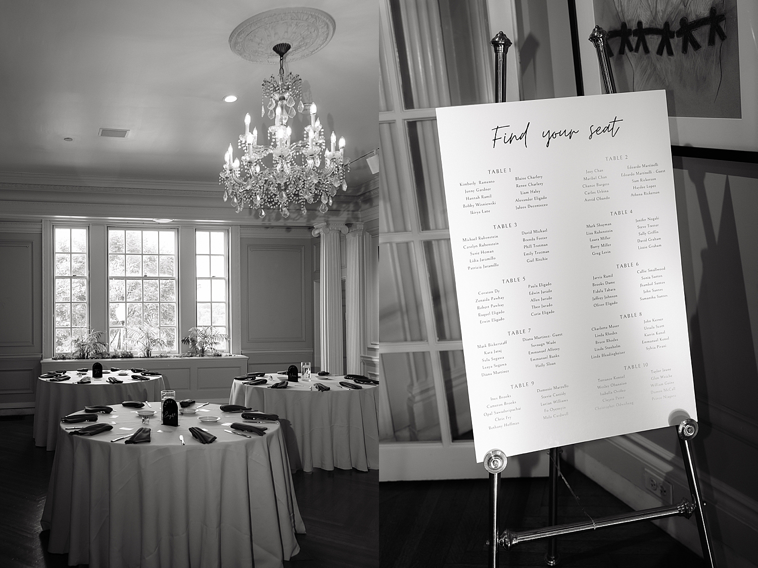 seating chart next to big round tables by Maryland wedding photographer