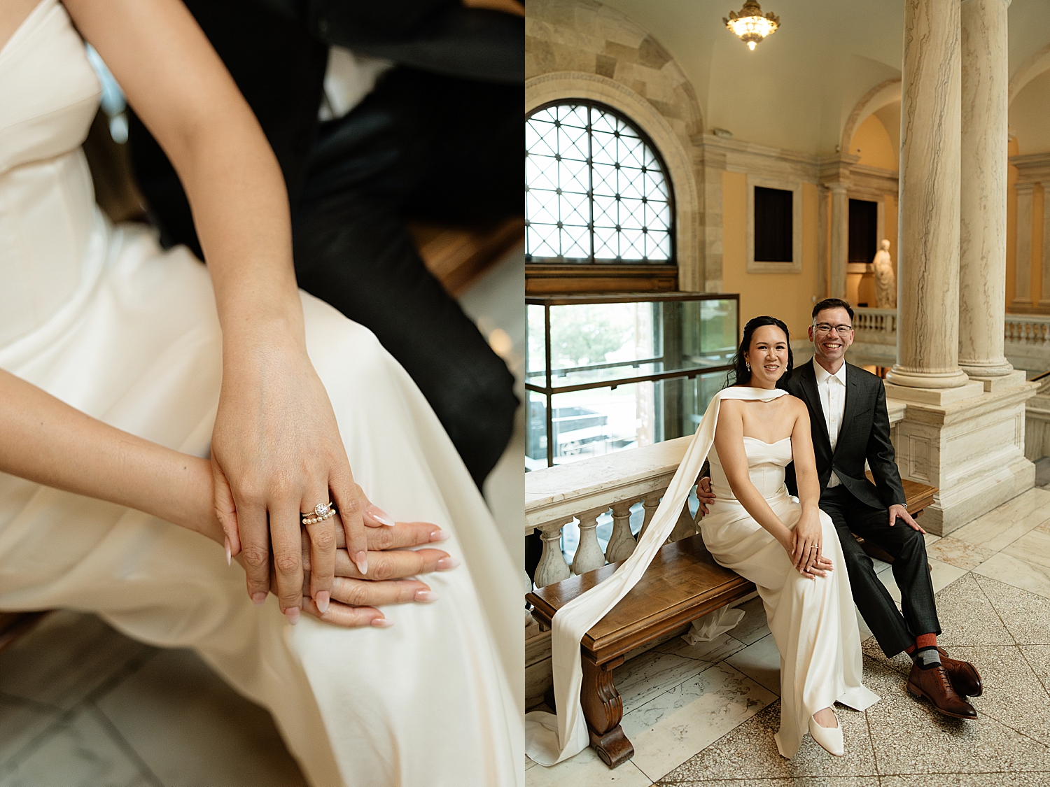 engaged couple sitting on bench in art gallery by Maryland wedding photographer