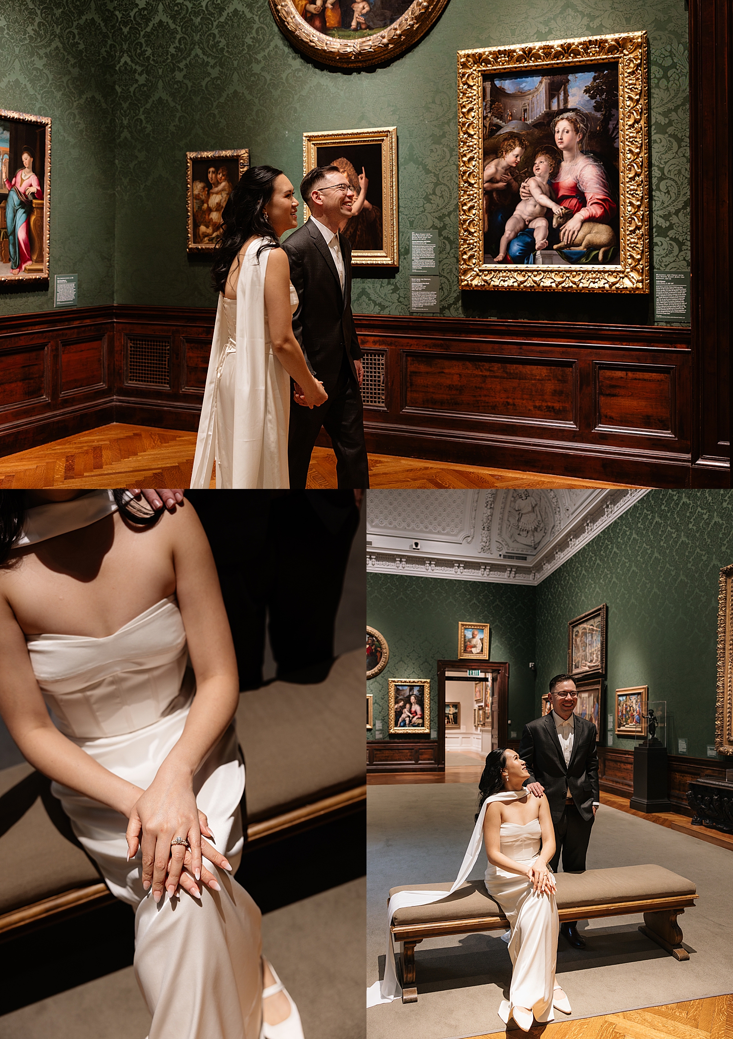 couple browse art in green room by Maryland wedding photographer