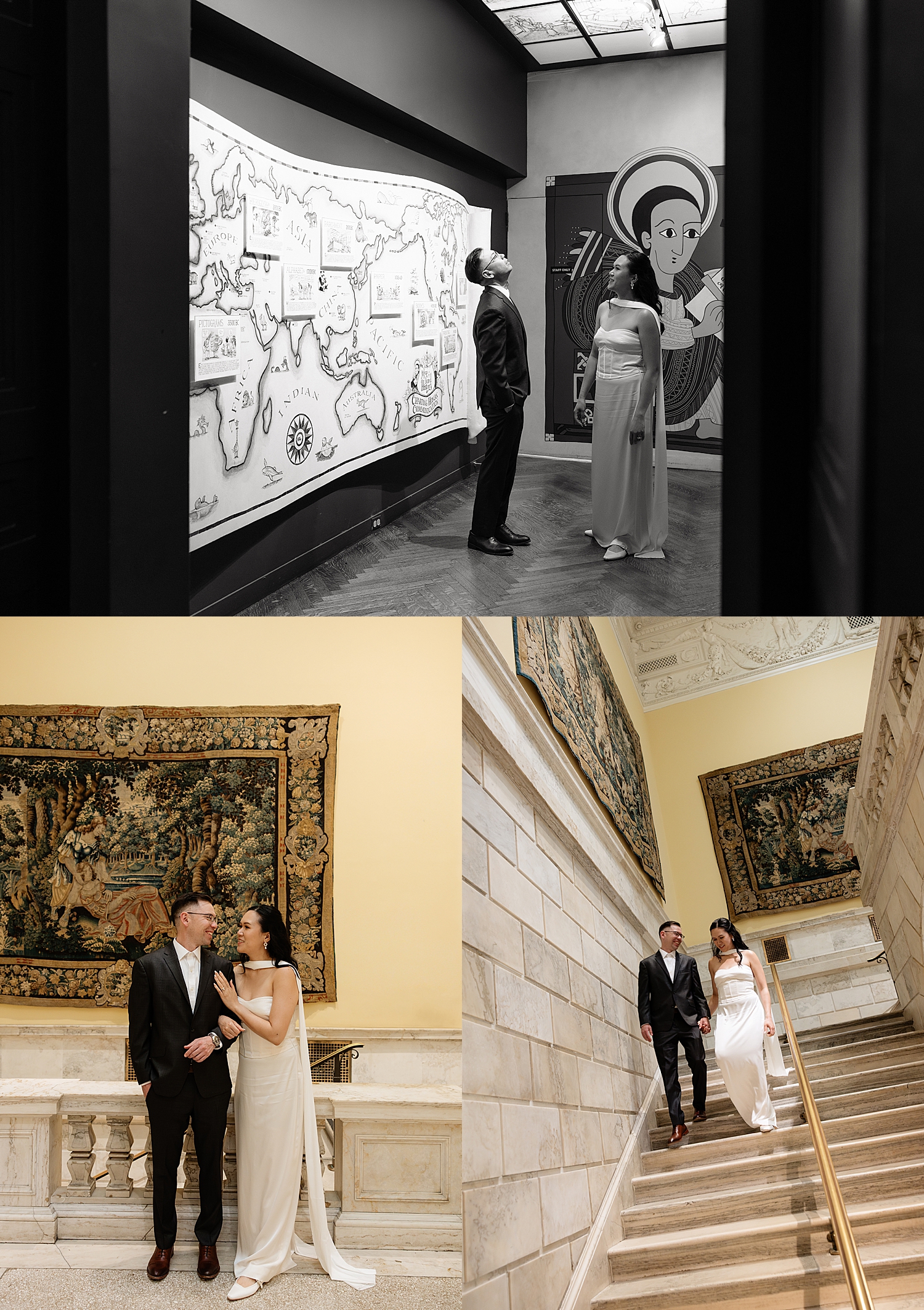couple walk down staircase in historic building by Sharp Impressions Photography