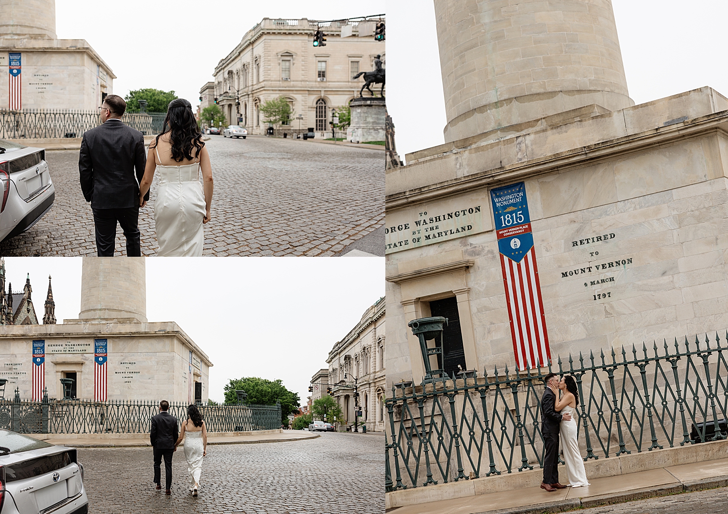engaged couple walk across the downtown street showing Engagement Session Locations in Baltimore