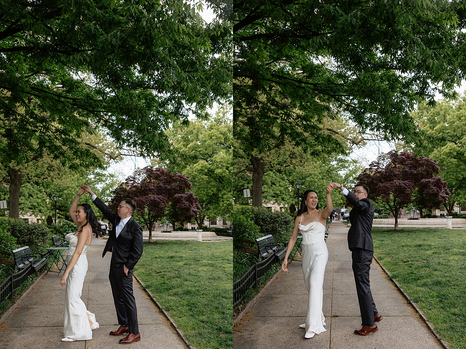man in suit twirls woman in white dress at the park by Sharp Impressions Photography