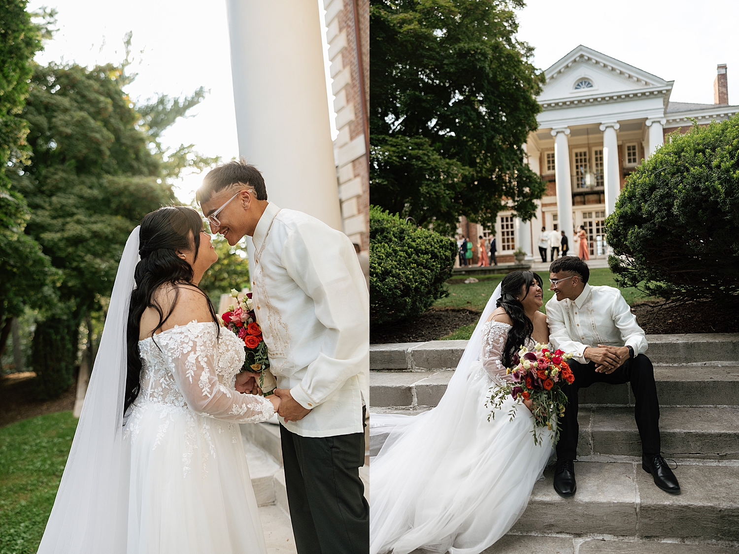 newlyweds sit on steps together at The Mansion at Strathmore